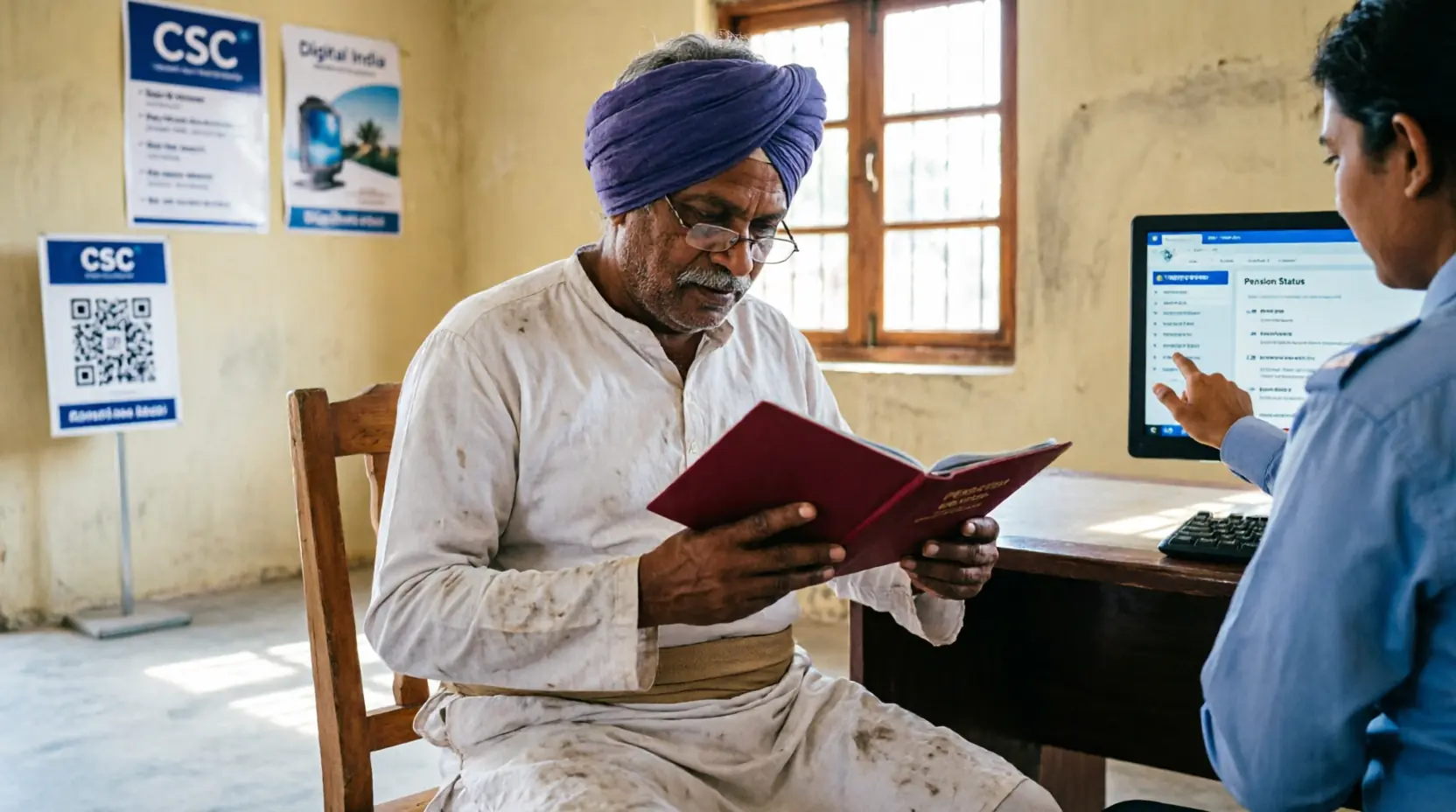 Ek kisan apni pension passbook check karte hue CSC center par
