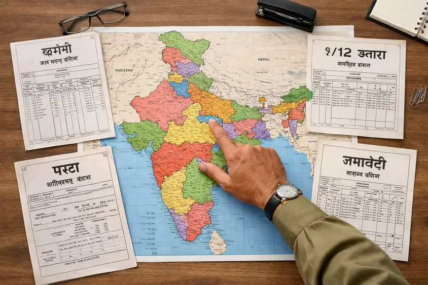 Alag-alag states ke land record portals par kisan apna record check karta hua