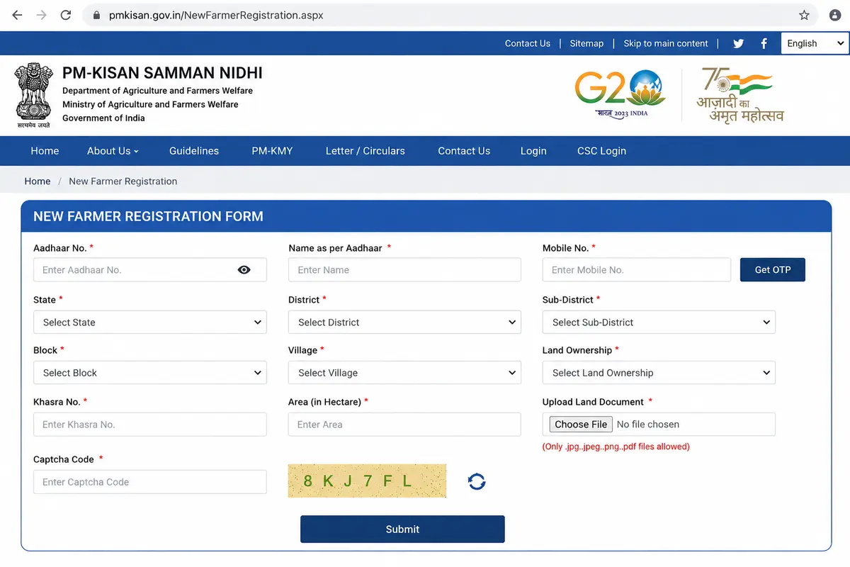 PM Kisan self registration online form on pmkisan.gov.in — Farmers Corner new farmer registration