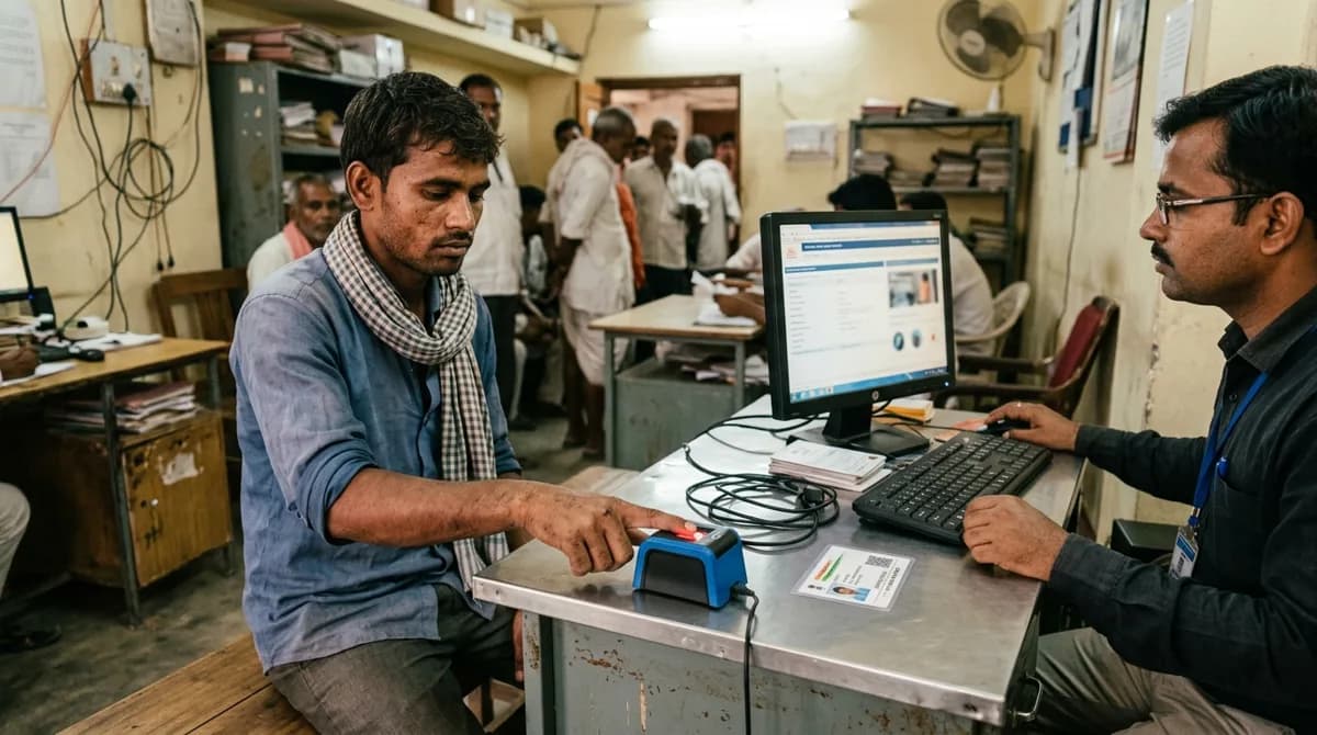 Bihar ke CSC me kisan biometric device par angutha laga kar Aadhaar authentication kar raha hai