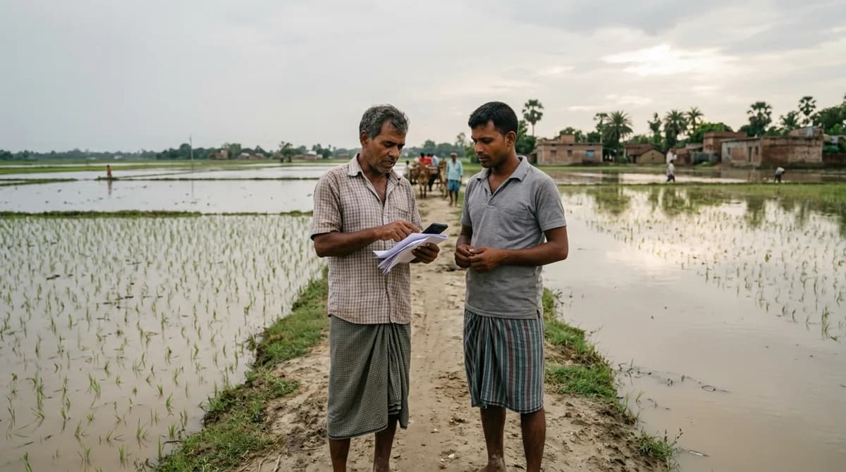 Baadh ke baad Bihar ke do kisan pani se ghire dhaan ke khet ke kinare khade hain, ek ke haath me kagaz aur mobile hai