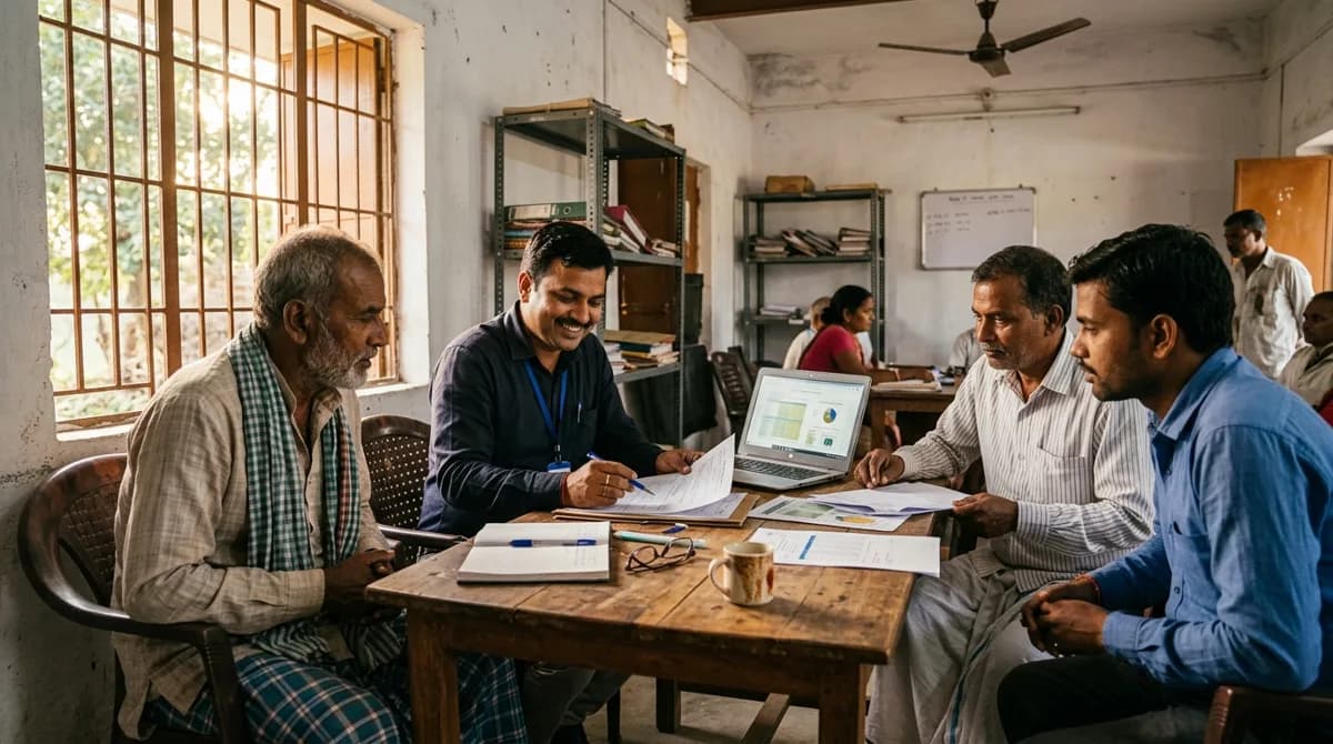 Panchayat karyalay me Kisan Salahkar teen kisano ke saath table par baith kar anudan ke kagaz dekh raha hai