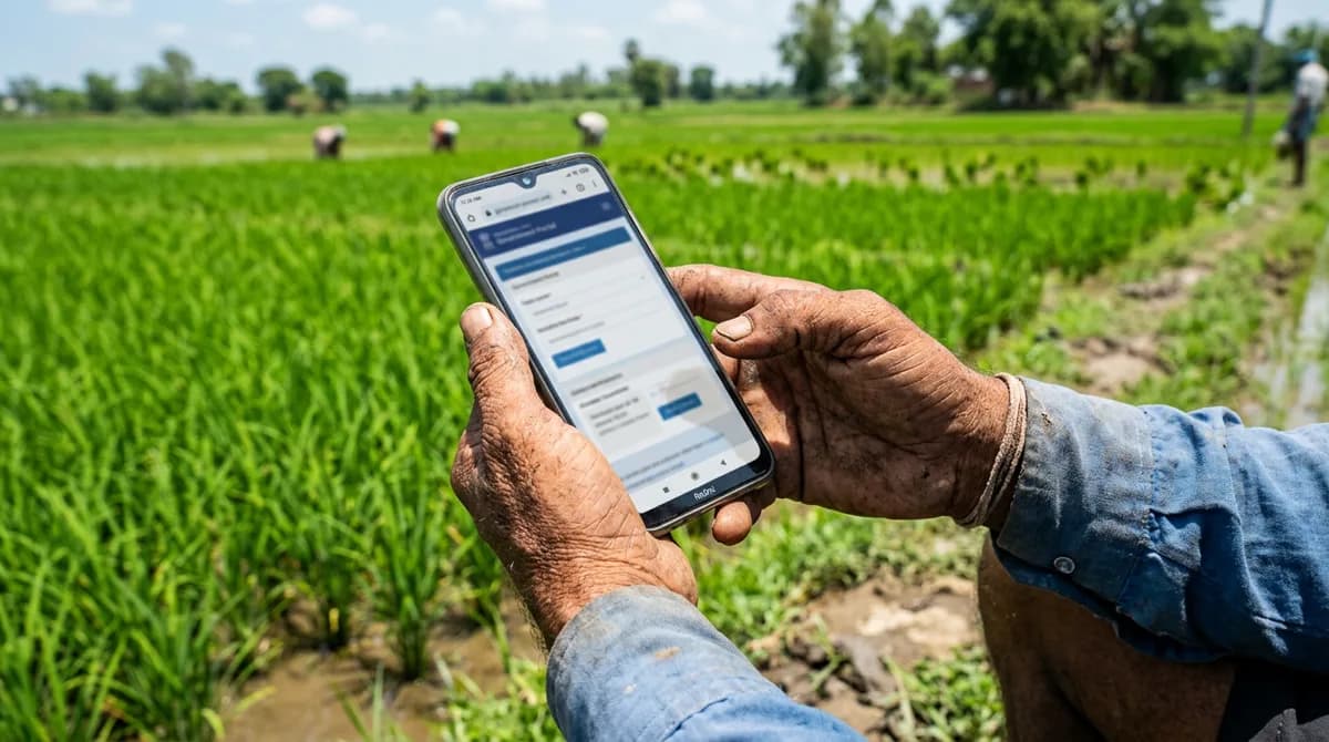 Dhaan ke khet ke saamne kisan ke haath me mobile jisme sarkari portal ka form khula hai