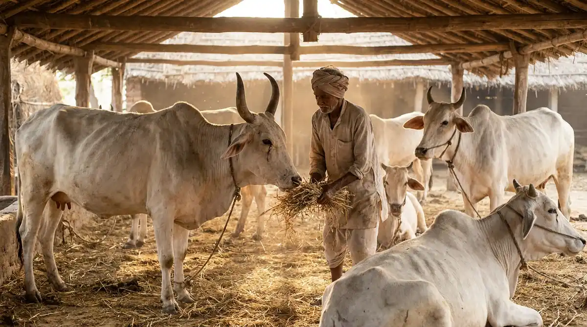 गौशाला में बूढ़ी देसी गाय को चारा खिलाता किसान