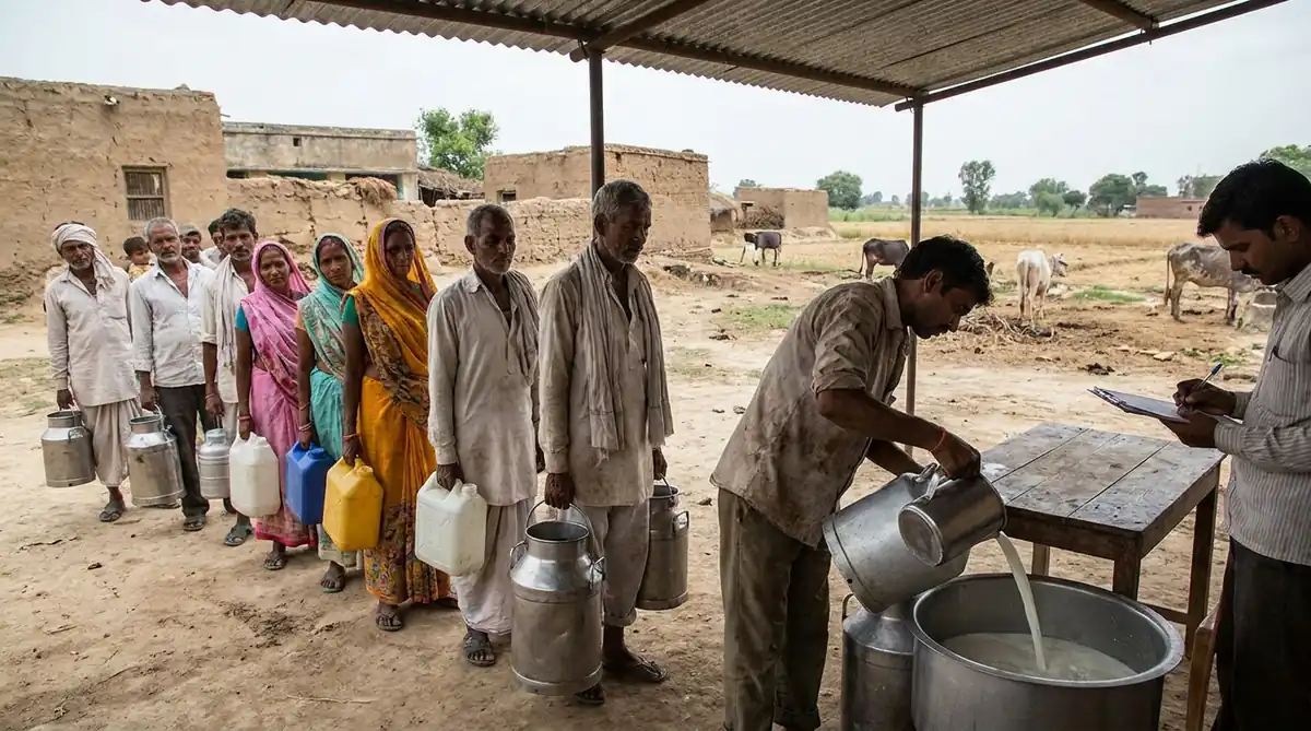 FPO संग्रह केंद्र पर बर्तन में लाया गया गौमूत्र नापा जाता हुआ