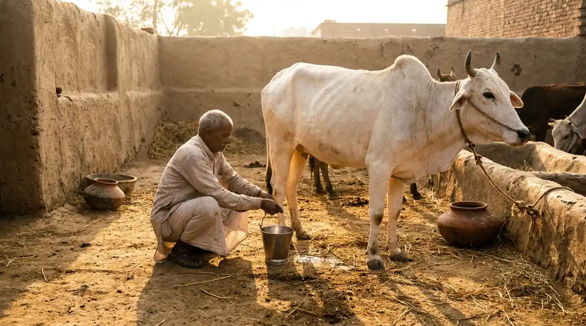 बुलंदशहर के गांव में सुबह गौमूत्र इकट्ठा करता किसान