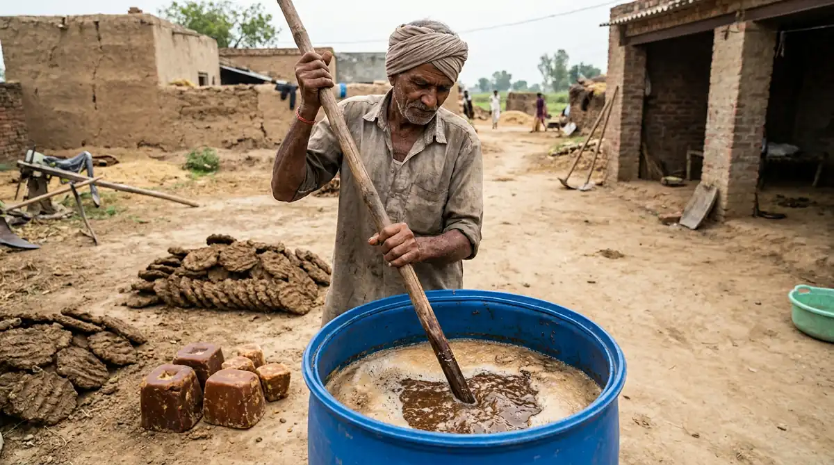 जीवामृत और जैविक कीटनाशक बनाने के लिए ड्रम में घोल तैयार करता किसान