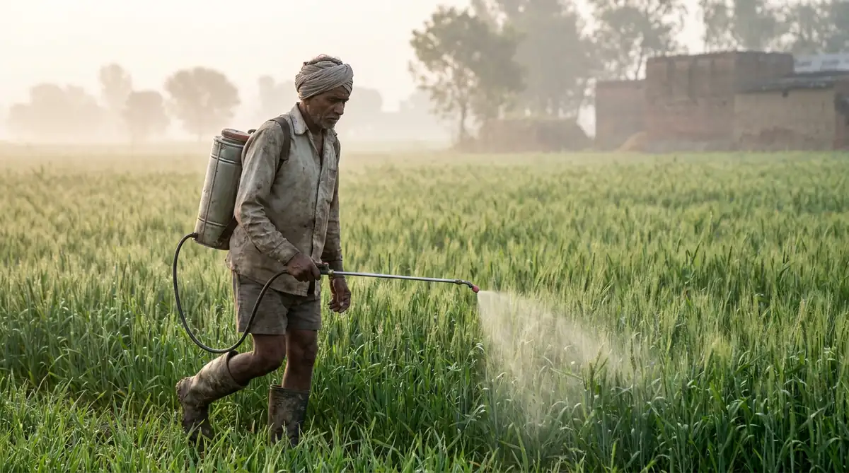 खेत में जैविक कीटनाशक का छिड़काव करता किसान