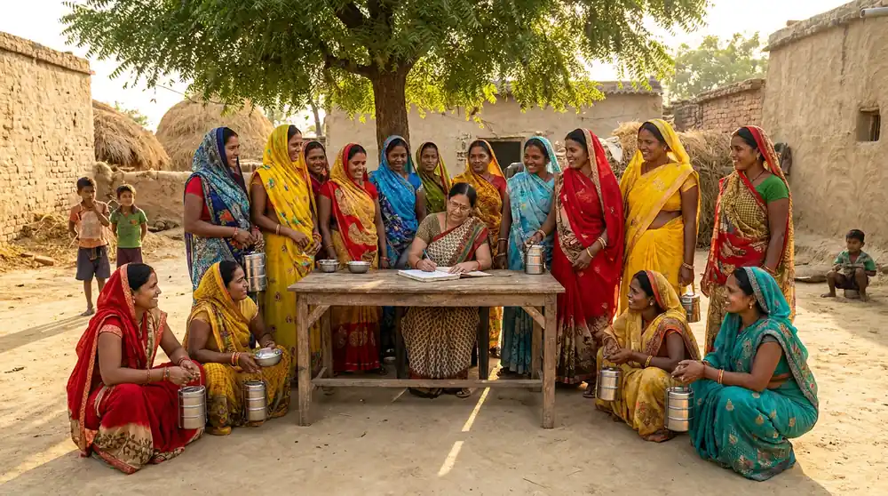 गांव की महिलाओं का समूह गौमूत्र संग्रहण की एंट्री रजिस्टर में करता हुआ
